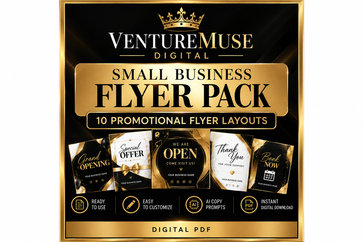 VentureMuse Digital Small Business Flyer Pack, 10 promotional flyer layouts, digital PDF